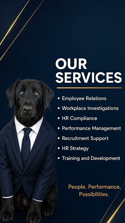 Rufus the HRX Professional Consulting mascot sharing HR tips and workplace compliance guidance for small businesses.