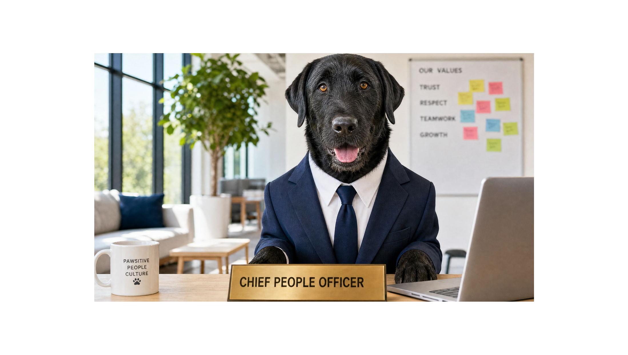Rufus, Chief People Officer of HRX Digi, sitting at a desk in a suit helping small businesses with HR resources and compliance tools.
